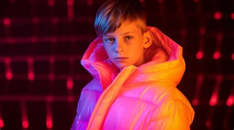 Premium AI Image | A boy in a neon jacket stands in front of a neon light.