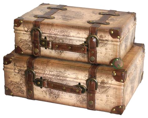 Shop Houzz | Vintique Wood Old World Map Leather Vintage Style Suitcase With Straps, Set of 2 ...