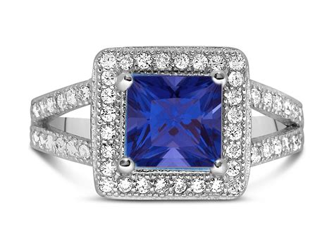 Designer 2 Carat Princess cut Blue Sapphire and Diamond Halo Engagement Ring in White Gold ...