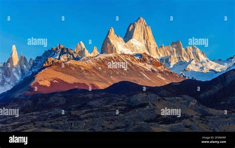 Fitz Roy sunrise view. Fitz Roy is a mountain near El Chalten in Patagonia, on the border ...