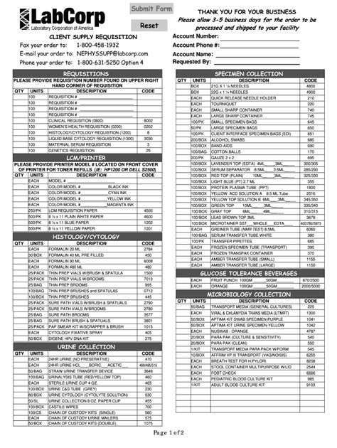 Printable Labcorp Supply Order Form Pdf - Printable Form, Templates and Letter