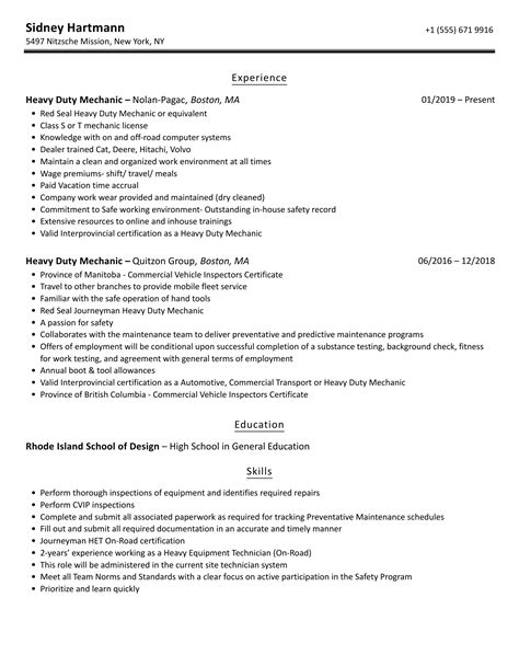 Heavy Duty Mechanic Resume Samples | Velvet Jobs