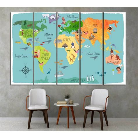 World map for kids room decor№33 Ready to Hang Canvas Print – Zellart ...