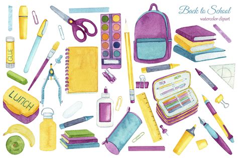 Back to School Clipart. Watercolor school supplies By Svitlana Yanyeva ...