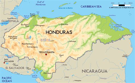 Large physical map of Honduras with major cities | Honduras | North ...