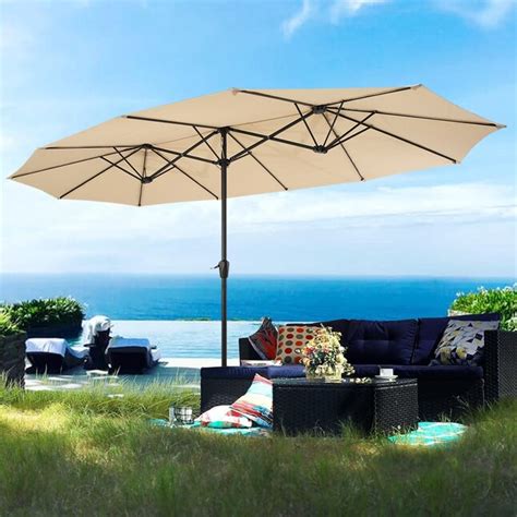 Siavonce 15 ft Double-Sided Market Patio Umbrella with Crank, Tan ...