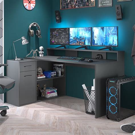 Groton Wooden Gaming Desk With Storage In Matt Anthracite | Furniture ...