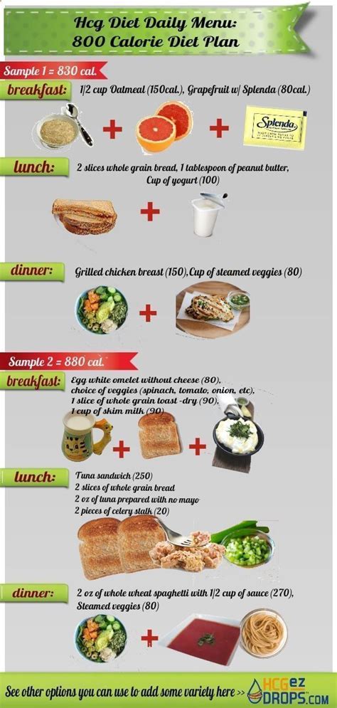 This infographic is showing 2 daily meal plan samples for the 800 ...