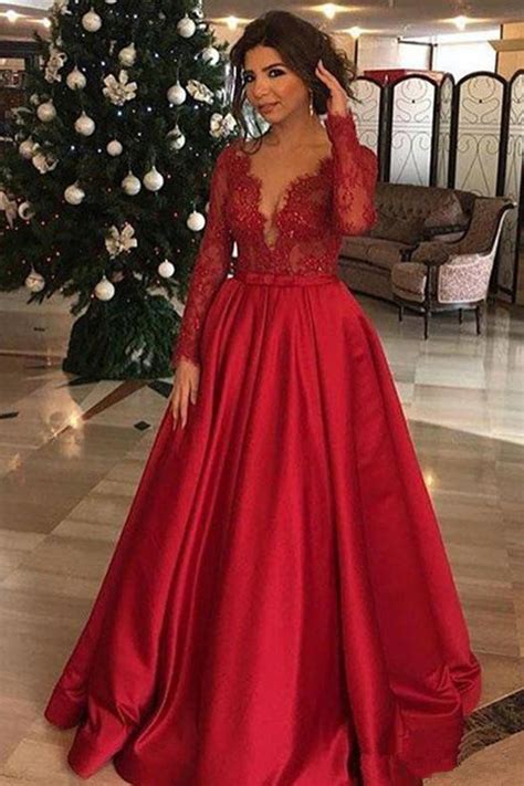 Red Long Sleeves Lace Applique Prom Dresses Formal Evening Dress Gowns – Laurafashionshop