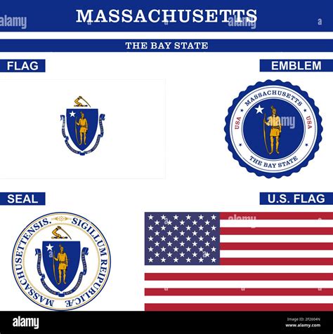 Massachusetts Symbol collection with flag, seal, US flag and emblem as ...