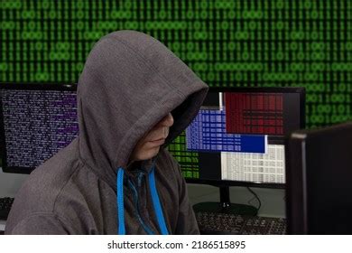 Hacker Sits Behind Computer Monitors On Stock Photo 2186515895 ...