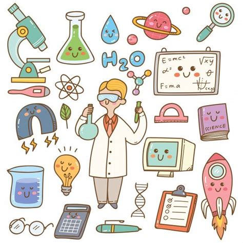 an image of a scientist surrounded by science related items and objects that are hand drawn