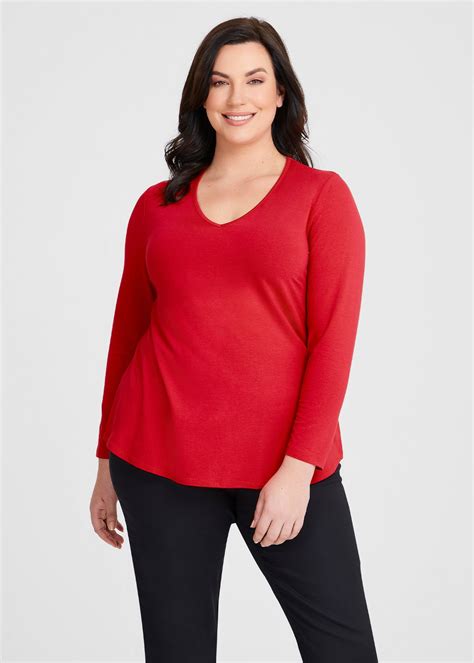 Shop Plus Size Natural Everyday V-neck Long Sleeve Top in Red | Sizes ...