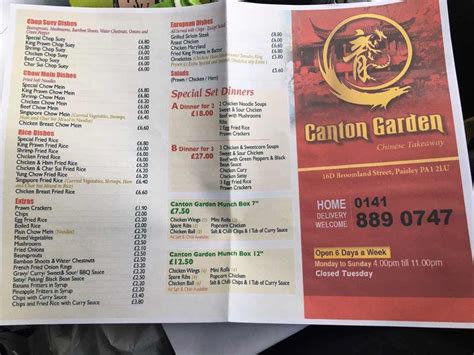 Menu at Canton garden restaurant, Paisley