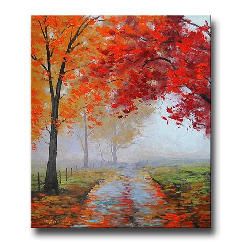 REALISTIC OIL PAINTING fall trees impressionism Misty Road Art | Etsy
