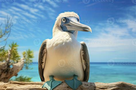 AI generated The rare blue-footed booby rests on the beach. AI ...