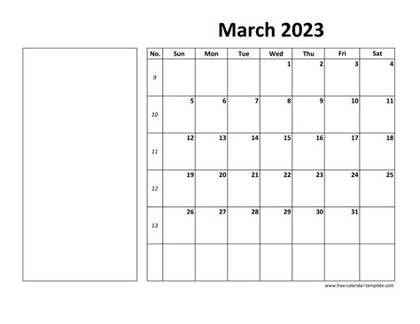 Printable March 2023 Calendar (box and lines for notes) | Free-calendar-template.com