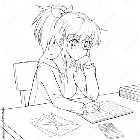 Cute anime girl doing homework/studying. Stock Illustration | Adobe Stock