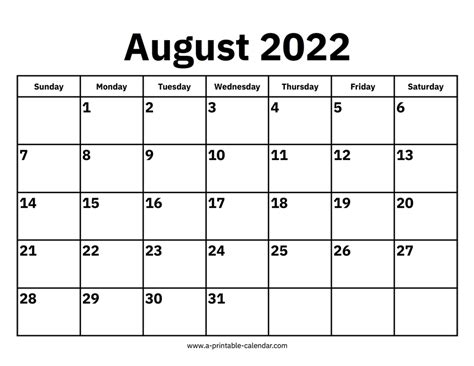 Monthly Calendar 2022 August - Printable Calendar 2022