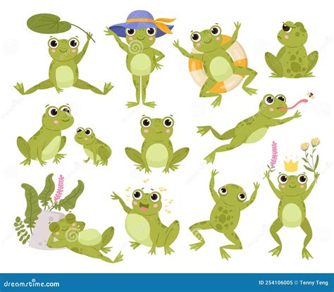 Green Cartoon Frogs, Active Water Animals, Cute Amphibian. Funny Frogs ...