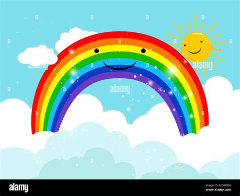 Rainbow in sky. Cartoon smiling rainbow in clouds with bright sun vector illustration Stock ...