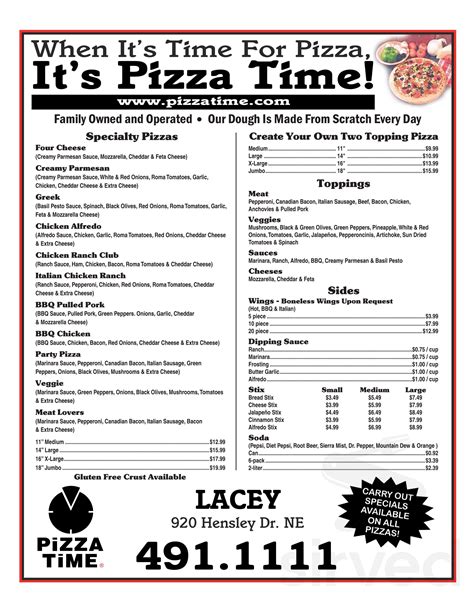 Pizza Time menu in Columbus, Georgia, USA