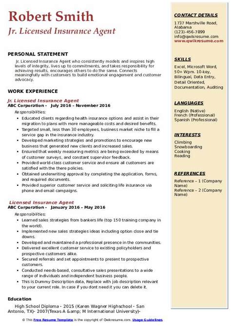 Licensed Insurance Agent Resume Samples | QwikResume