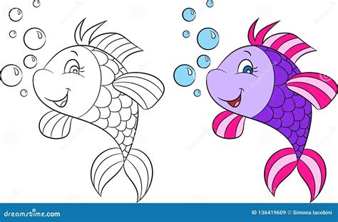 Before And After Illustration Of A Cute Fish, Smiling, With Bubbles, In Color And Black And ...