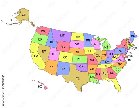 The USA vector multi-color map with states and states abbreviations isolated on white background ...