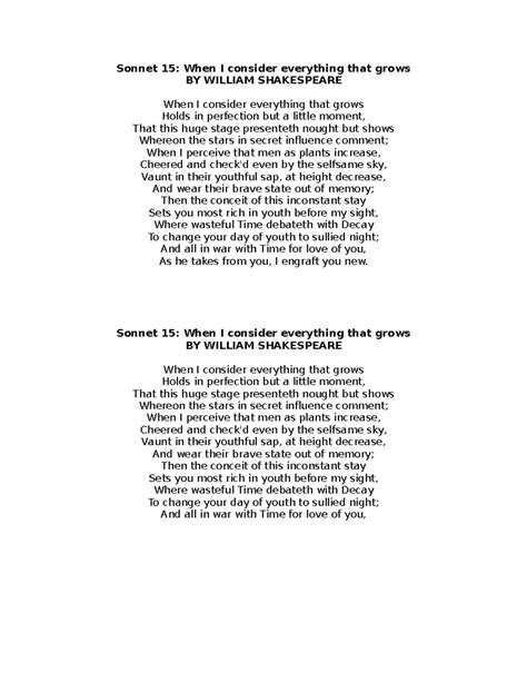 Renaissance Sonnets - Sonnet 15: When I consider everything that grows BY WILLIAM SHAKESPEARE ...