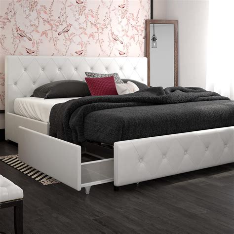 Contemporary King Size Bed Frame With Storage 4 Drawers White Tufted Headboard 26737827017 | eBay