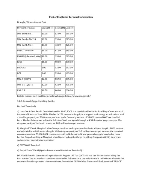 Port of Bin Qasim Terminal Information