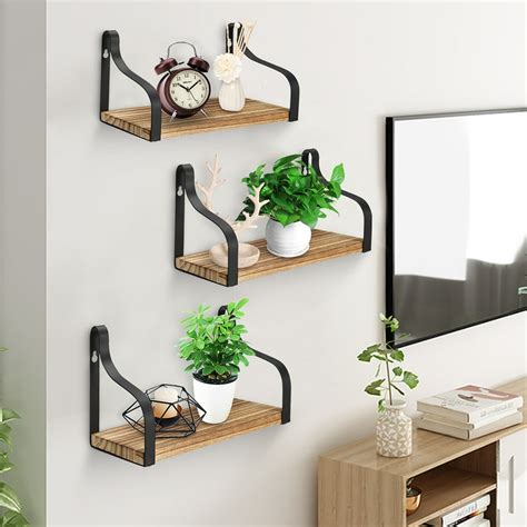 3Pcs Industrial Metal Floating Shelves Wooden & Iron Wall Mounted Hanging Storage Shelf Multi ...