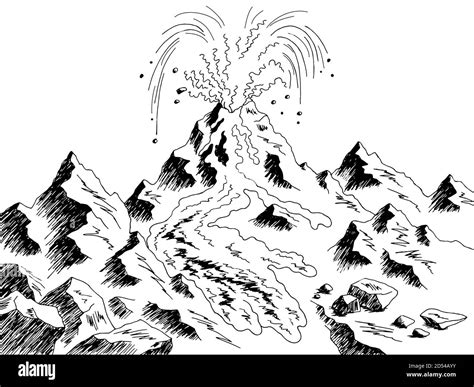 Vulkan Eruption Berg Grafik schwarz weiß Skizze Landschaft Illustration Vektor Stock ...