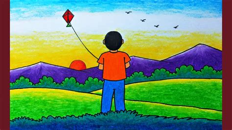 How to draw a boy flying kite with scenery | Kite flying scenery ...