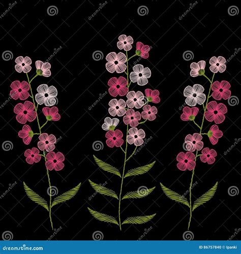 Vintage Embroidery Stitches with Spring Pink Flowers Forget Me N Stock Vector - Illustration of ...