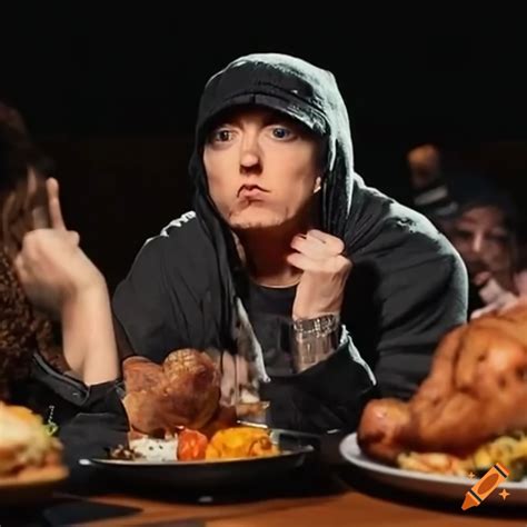 Eminem enjoying a thanksgiving feast with loved ones on Craiyon
