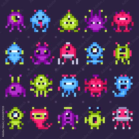 Pixel space monsters. Arcade video games robots, retro game invaders ...