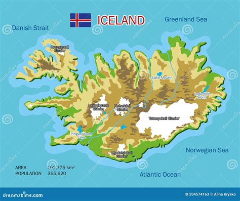 Vector Color Geographic Map of Iceland with Rivers, Lakes and Oceans ...