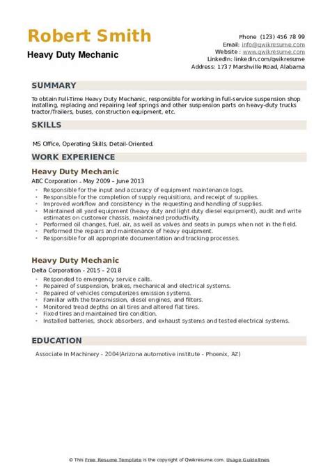 Heavy Duty Mechanic Resume Samples | QwikResume