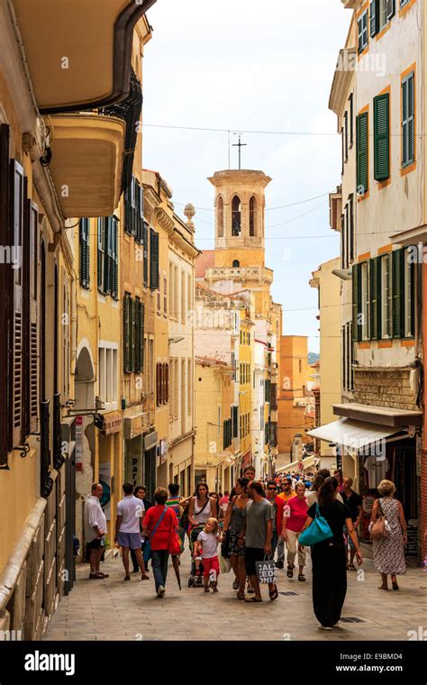 Shoppers in the old town of Mahon, Menorca, Balearic, Spain Stock Photo ...