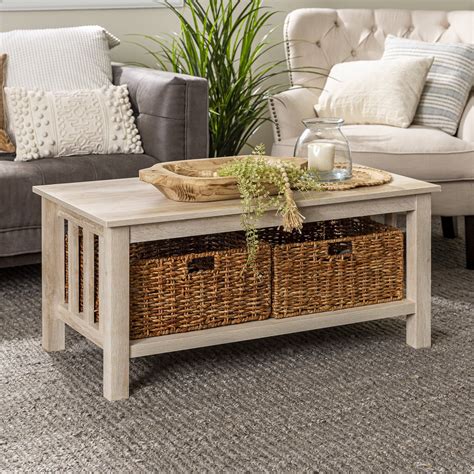 Woven Paths Traditional Storage Coffee Table with Bins, White Oak ...