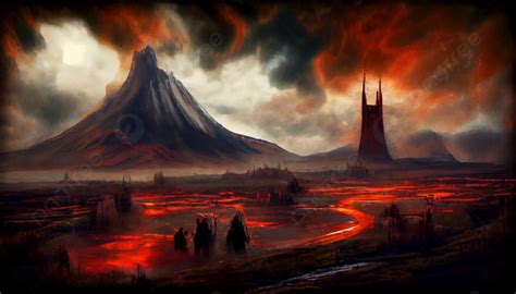 Paisagem De Mordor De Fantasia Escura Com Monte De Vulcão Enorme Paisagem De Mordor De Fantasia ...