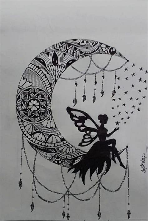 Fairy on the Moon - Mandala art (8.3" x 11.7") - International Indian Folk Art Gallery