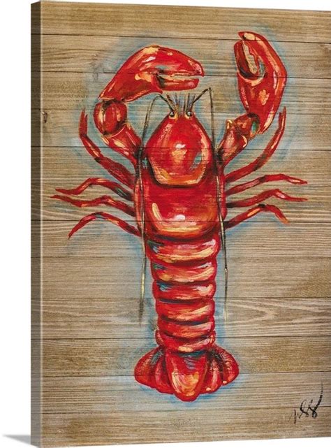 a painting of a lobster on wooden planks