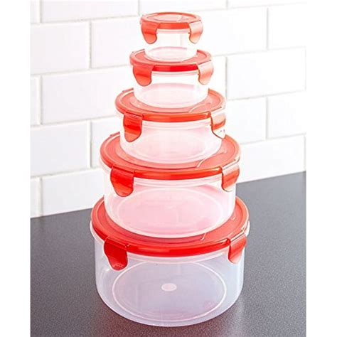 10 Pc Bowl and Locking Lid Set Red Red Cover Stackable Plastic Food Storage Bowls Container ...