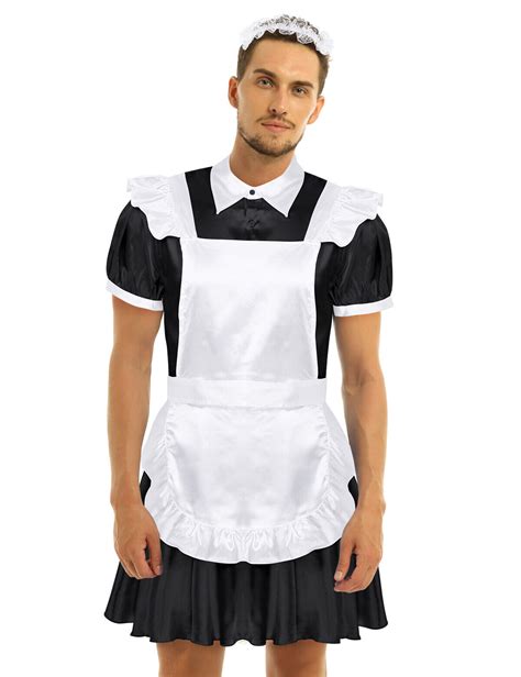 Men Adult Sissy French Maid Uniform Satin Dress Fancy Cosplay Party ...