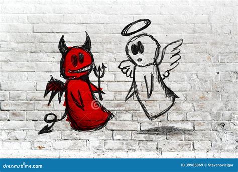 Angel And Devil Fighting; Doodle Drawing On White Brick Wall Stock Illustration - Illustration ...