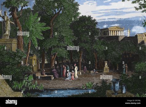 The philosopher's garden at Athens. Colored engraving. 19th century Stock Photo: 61132278 - Alamy