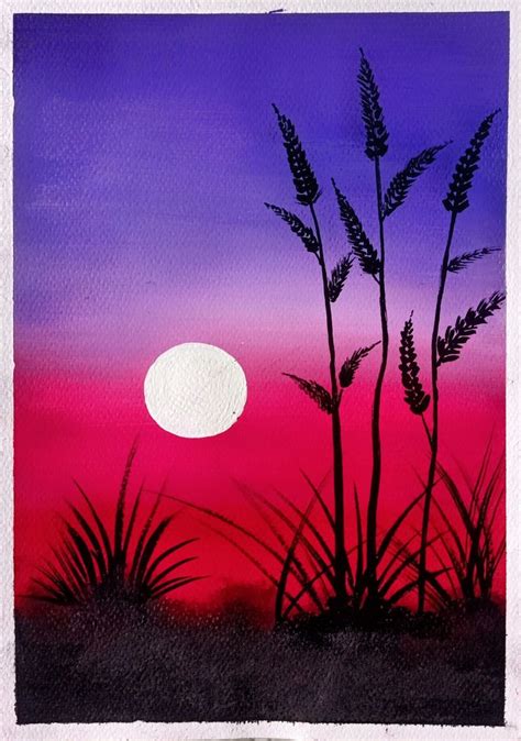 a painting of some plants in front of a purple and pink sky with the moon